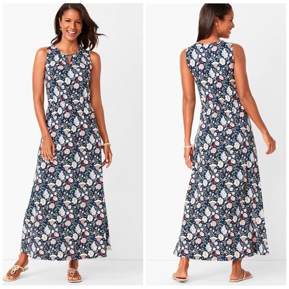 NWT Talbots Keyhole Floral Maxi Dress Size S Navy Multicolo Stretch - Picture 2 of 14